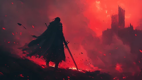 Lone cloaked warrior faces burning distant fortress.