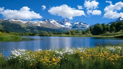Lakeside wildflowers beneath bright snow tipped mountains.