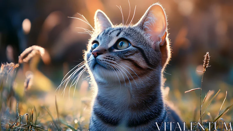 Tabby Domestic Feline with Cerulean Eyes in Natural Sunlit Environment