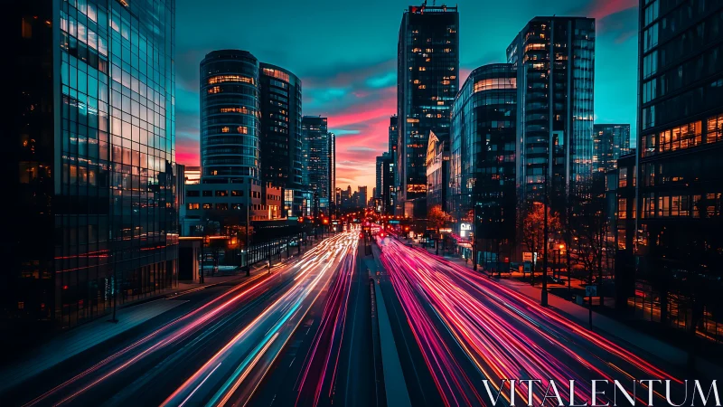 Neon rivers of traffic carve light through twilight towers