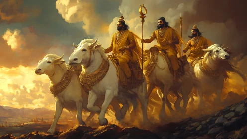 Mythic warriors riding white bulls through glowing skies.