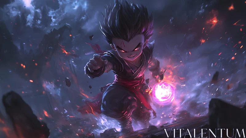 Dark anime boy charging with glowing energy orb in storm