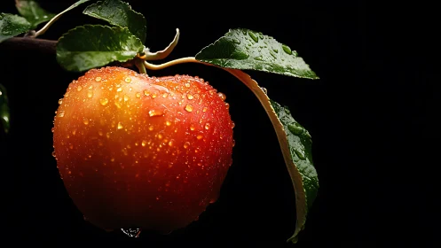 Dew‑covered red apple in dramatic low key studio lighting.