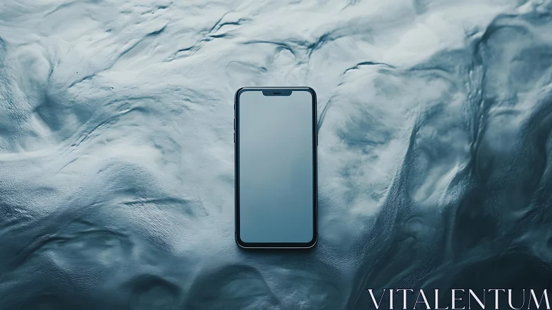 Solitary smartphone drifting over storm-glass waterscape.