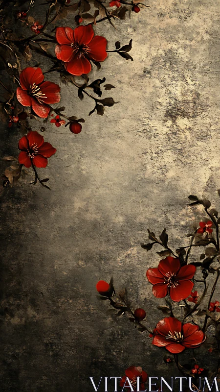 Red Floral Composition Against Textured Concrete Surface
