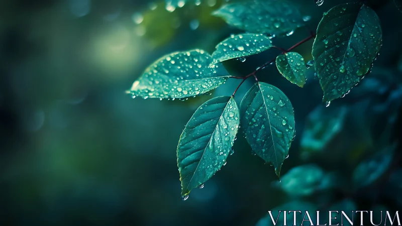 Macro study isolates rain-soaked leaves in cool bokeh field
