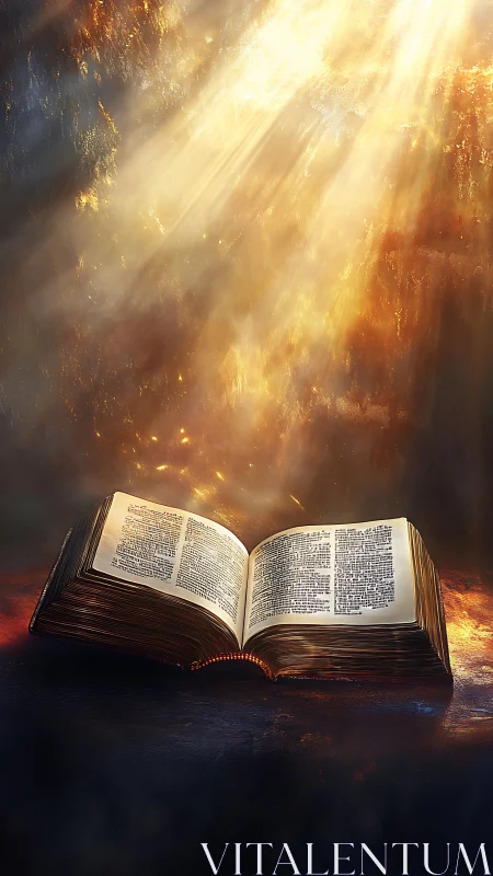 Ancient illuminated book glows under radiant heavenly light