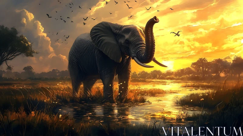 African savanna elephant in sunset wetland with dynamic birds