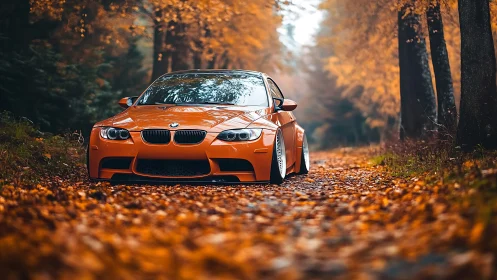 Low-slung orange BMW performance coupe on autumn forest track.