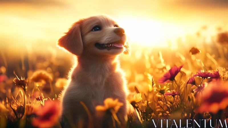 Golden puppy rendered in luminous sunset field lighting