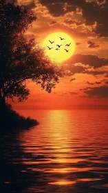 Fiery lake sunset with silhouetted tree and flying birds.