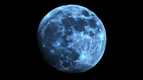 Blue tinted full moon with highlighted craters in space.