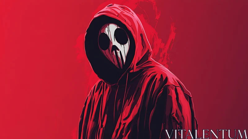 Hooded skull mask figure in red minimalist backdrop.