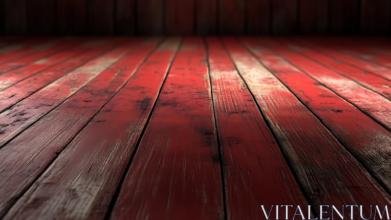 Weathered red wooden floorboards in low angled light.
