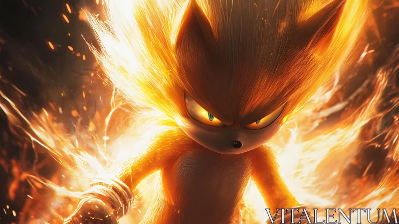 Blazing golden hero surges forward wrapped in fierce flames