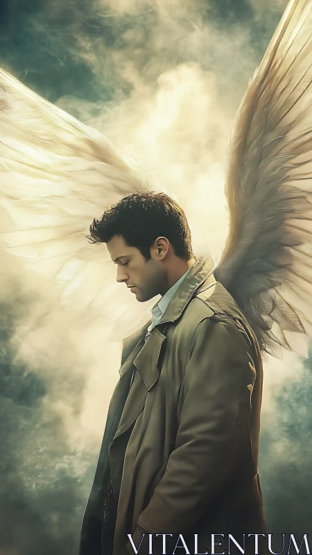 Male figure in coat with extended wings in cloudy space.