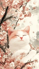 White cat with pink ears rests beneath blooming cherry branches