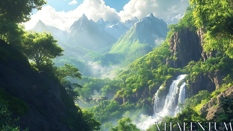 Sunlit jungle valley unfolds beneath misty alpine peaks