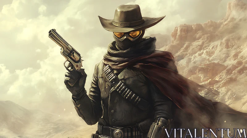 Masked gunslinger stalks sunlit desert canyon in dust storm.