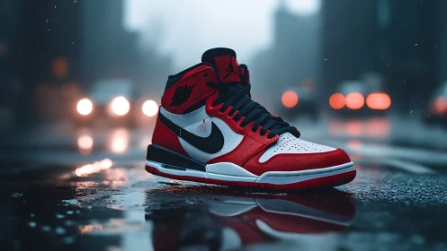 Red and white sneaker glowing softly in a rainy city street.
