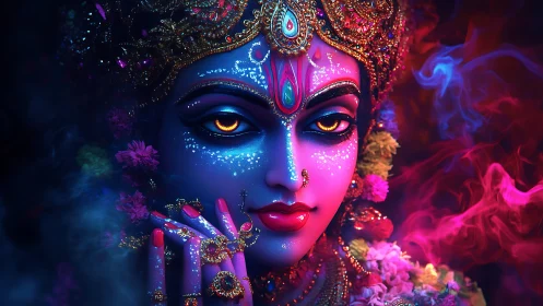 Divine neon goddess portrait in glowing sacred aura.