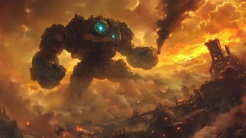 Colossal steampunk robot strides through a burning dusk city