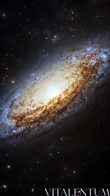 Spiral galaxy glows with dense star fields and dust lanes.