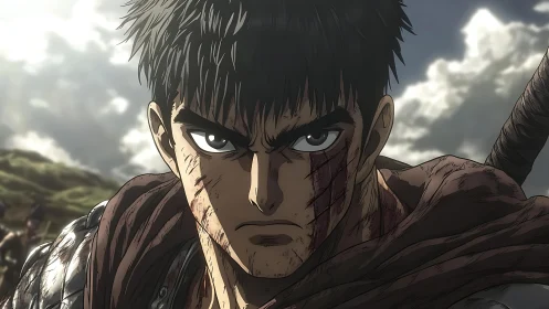 Battle-worn anime swordsman against cloudy outdoor sky.