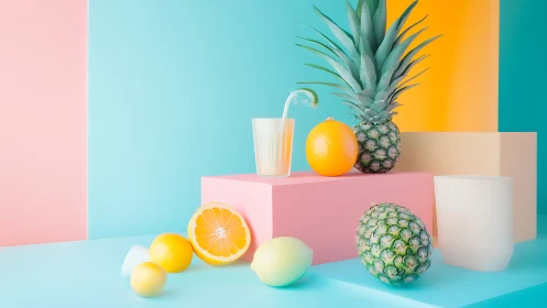 Tropical fruit parade on candy-colored summer pedestals.