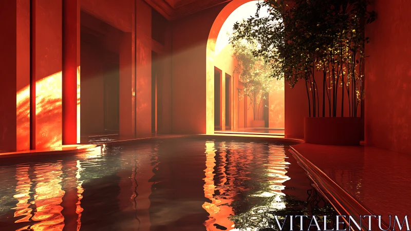 Red Chamber with Reflected Light and Interior Foliage