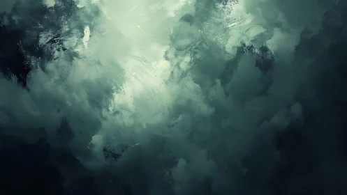 Abstract misty clouds digital painting in cool green tones.
