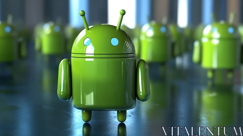 Glossy green android mascots march across chrome horizons.