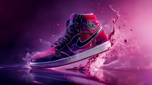Vibrant pink Nike sneaker splashing through bright smoke.