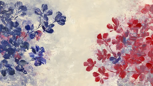 Blooming blue and red flowers gently brighten a soft canvas
