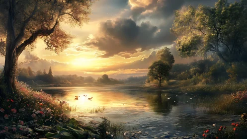 Sunset brushes a quiet riverside into luminous, breathing gold