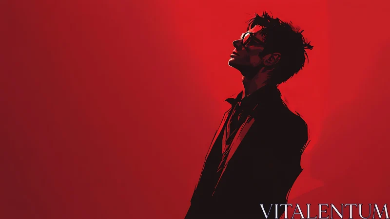 Silhouetted man in profile stands against flat red background