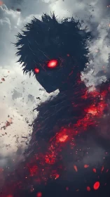 Infernal silhouette dissolves into ember-laced atmospheric void