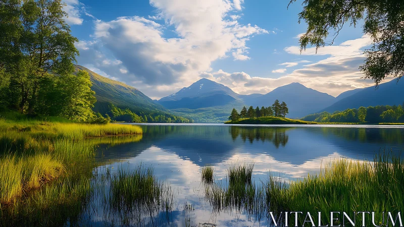 Peaceful mountain lake with sunlit island and soft reflections.