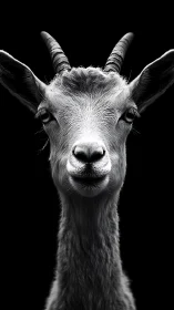 Black and white goat portrait on solid black background.