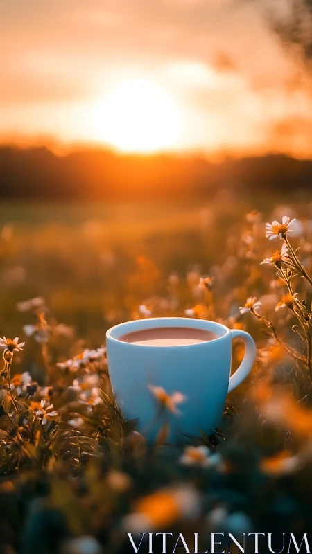 Warm sunrise coffee rests quietly in a wildflower meadow
