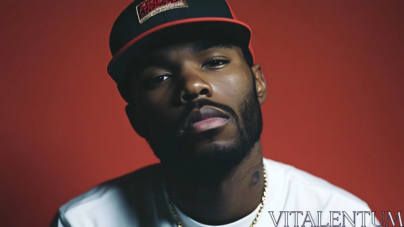 Low-key studio portrait of bearded man in cap, red backdrop