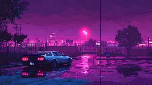 Neon-soaked retro sports car in rainy synthwave cityscape.