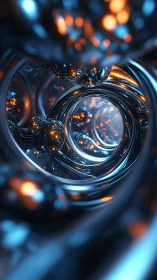 Luminous metallic tunnels spiral into a futuristic energy core