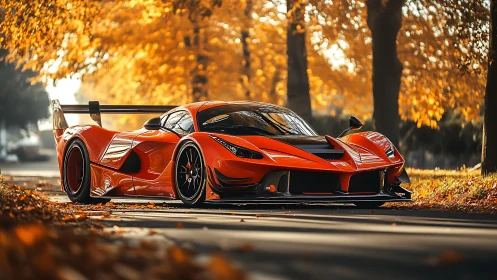 Low-slung red race car on tree-lined autumn roadway.