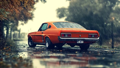 Retro muscle car rendered in cinematic rainy street scene