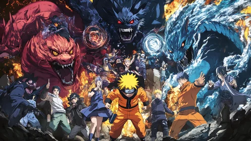 Group of anime combatants framed by large elemental beasts.