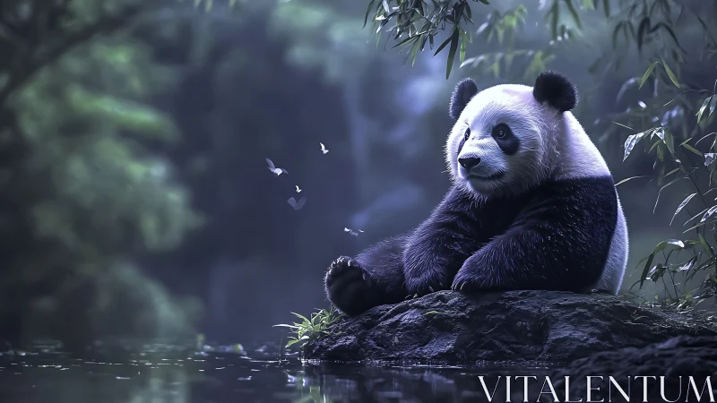 Serene panda resting by reflective forest water at dusk.
