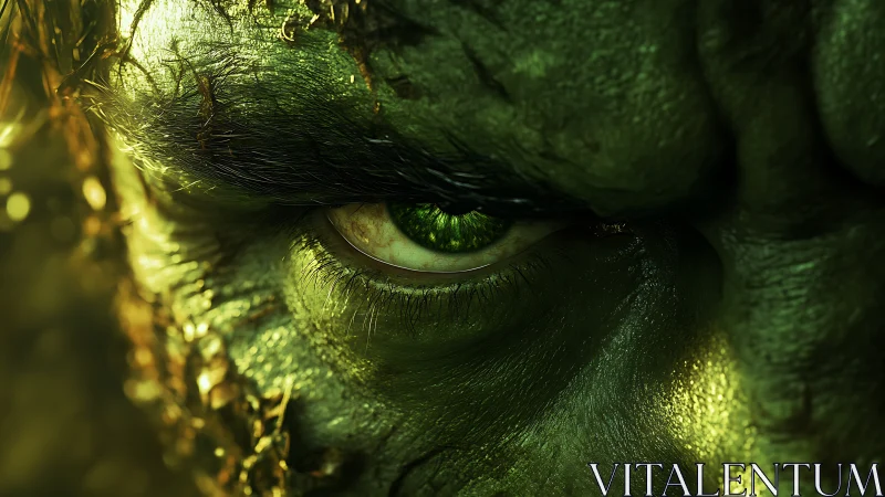 Intense close-up of green-skinned character eye detail.