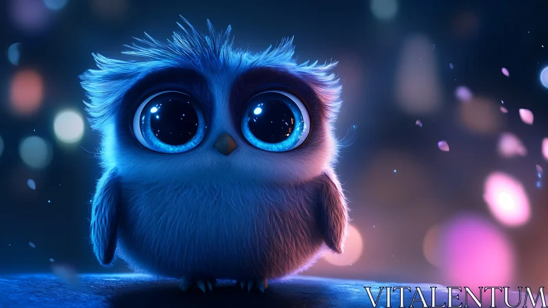 Bioluminescent blue baby owl with oversized glassy eyes at night