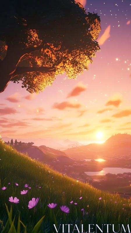 Sunset over rolling hills with glowing tree and flowers.